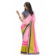 Triveni Splendid Pink Colored Border Worked Faux Georgette Saree